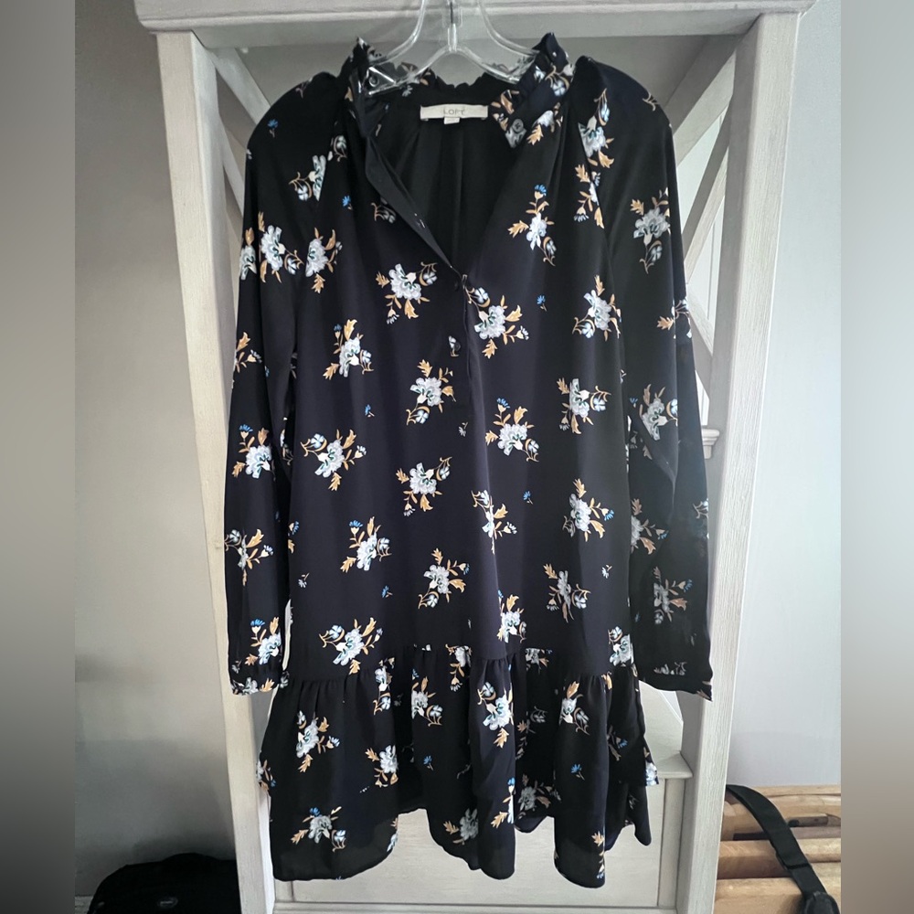 LOFT Navy Floral Long Sleeve Tiered Tunic Dress